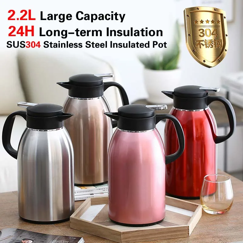 

2.2L Capacity Insulated Bottle Thermos 304 Stainless Steel Vacuum Inner Liner Insulation Kettle Thermal Water Pot Milk Tea Jug