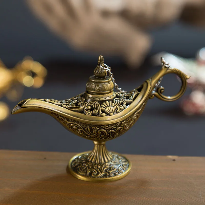 

New 12cm(4.7")Classic Rare Hollow Legend Aladdin Magic Genie Lamps Incense Burners Retro Wishing Oil Lamp Home Decor Gift