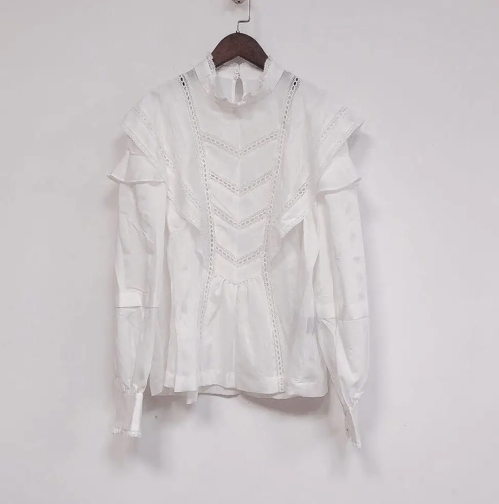 

Women Shirt Hollow Out Lace Ruffles Loose Casual Blouse