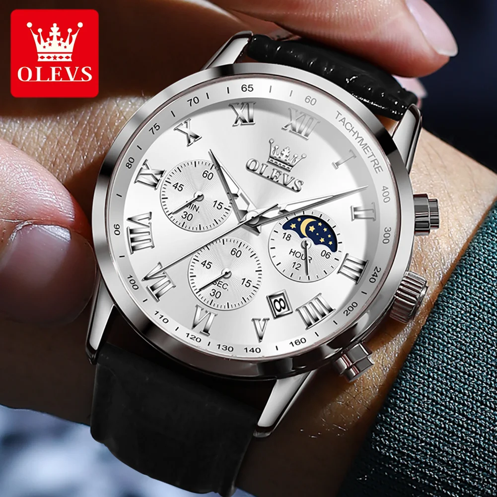 Мужские водонепроницаемые кварцевые часы с хронографом и кожаным ремешком