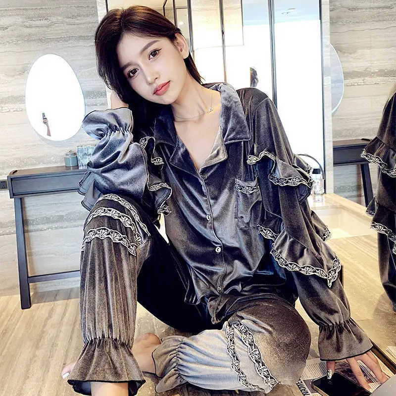 Women's Pajamas Autumn And Winter Thickened Fashionable Lapel Pajamas Long Sleeve Cardigan Suit Plus Size Household Suit