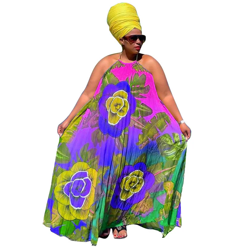 Plus Size Dresses African Women Clothing 2023 Spring Summer Loose Pleated Backless Halter Printing 3xl 4xl 5xl 6xl