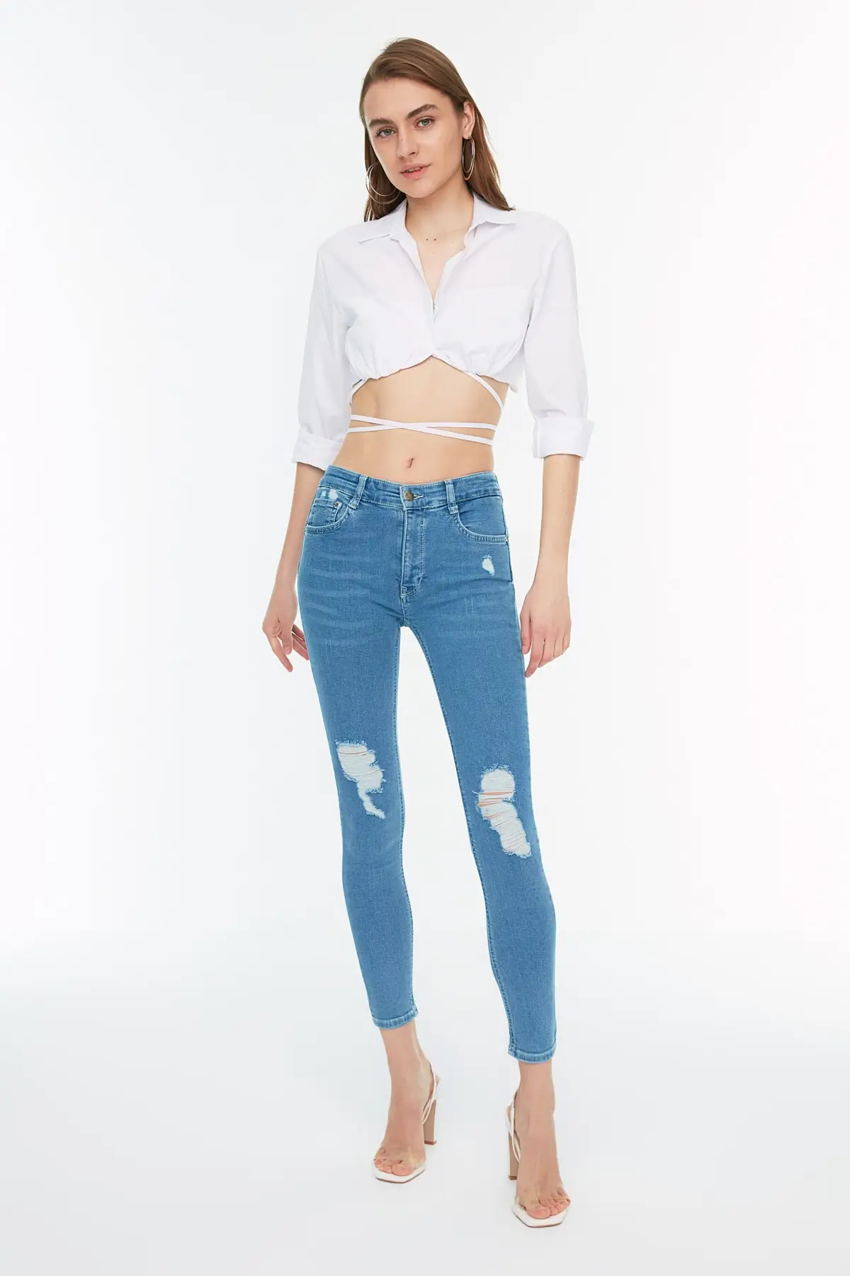 

Women's Jean Dark Blue Ripped High Waist Skinny Full Length Straight Pant Streetwear Female Buttons Zipper Ladies