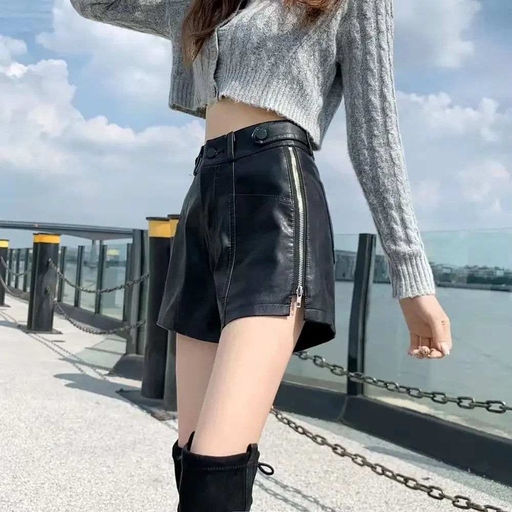 Черные шорты из искусственной кожи для женщин зимние мешковатые брюки с высокой