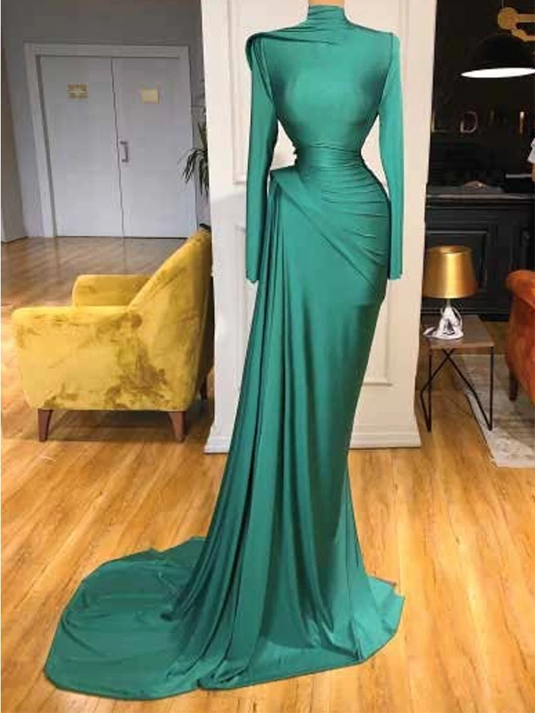 

Elegant High Neck Prom Dresses Long Sleeves Evening Party Gown For Women Simple Soft Satin Formal Robes De Soirée
