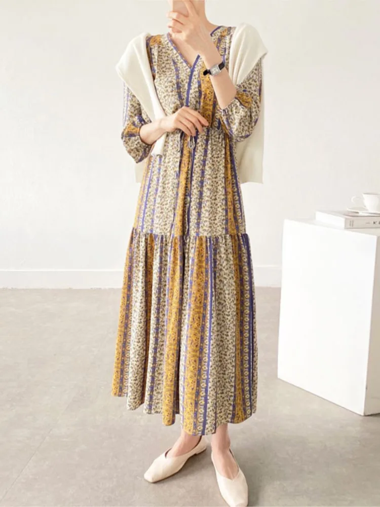 

New Women Spring Summer Floral Printed Dress Loose High Waist Chiffon Elegant Vintage Lady Maxi Dress