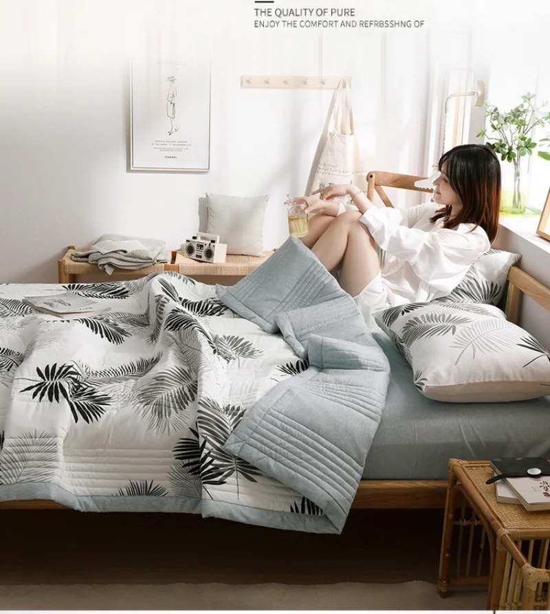 

Летнее одеяло из мытого хлопка, удобное мягкое одеяло с принтом в виде листьев, покрывало для кровати, домашний текстиль