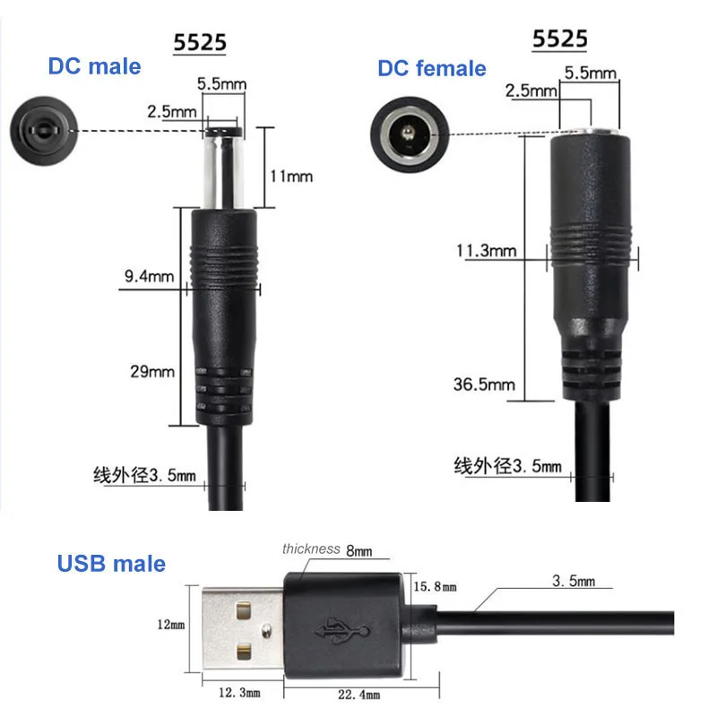 Фото 1 м USB 2.0 «папа» на 2-контактный разъем постоянного тока «папа» «мама» «папа» 22awg 3A штекер 5,5x2,5 мм Шнур питания адаптера Разъем Strip W1 №5