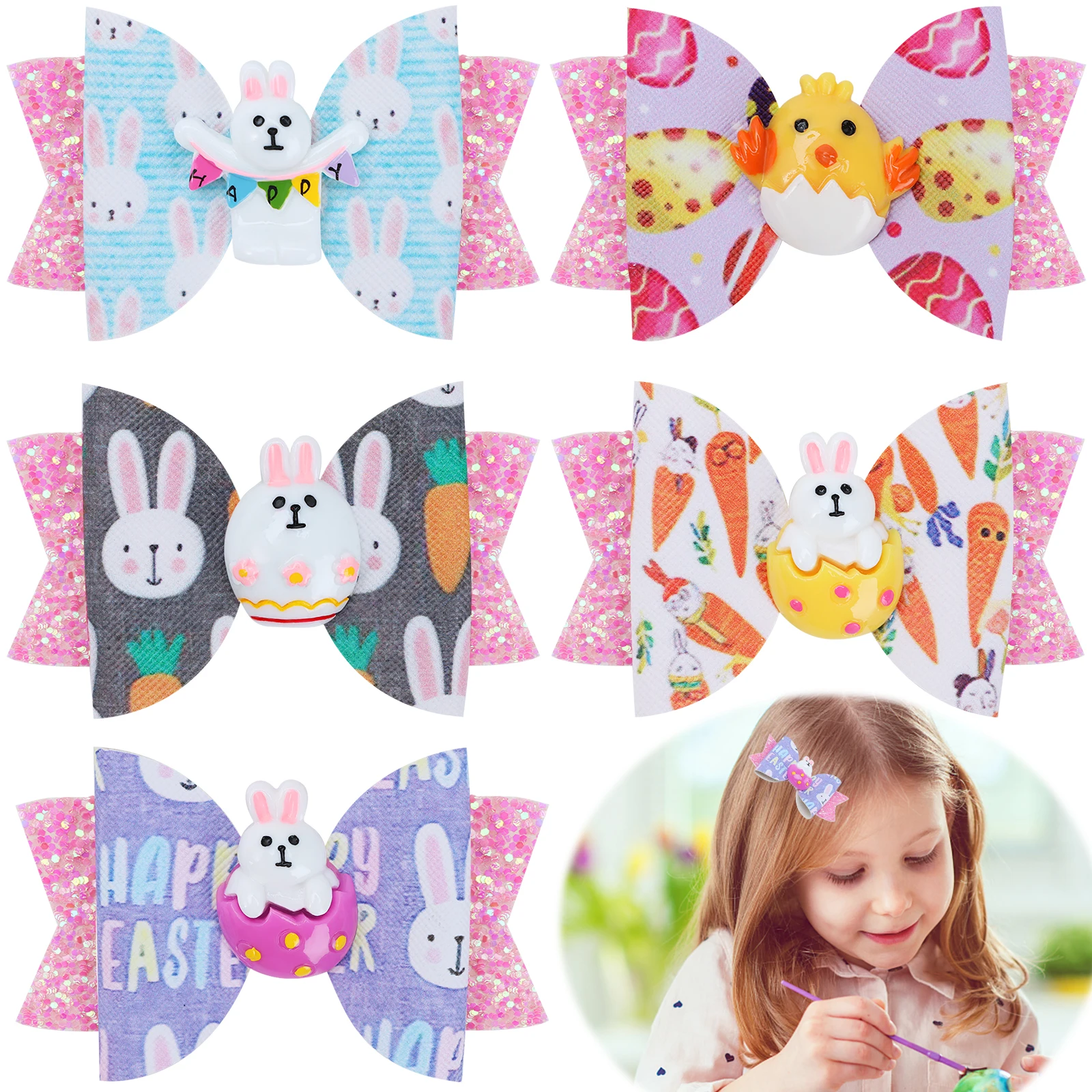 

5 Pack 3" Easter Hair Bows Clip New Girl Bow Hairpin