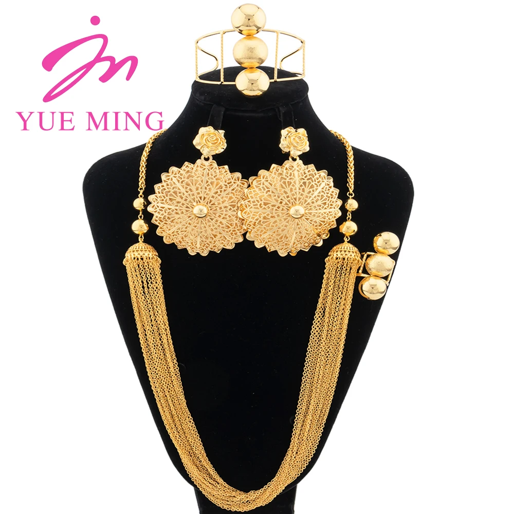 

YM Jewelry Set For Women Tassels Chain 18K Gold Plated Flower Earrings Italian Necklace Luxury Beads Bangles Ring Wedding Party