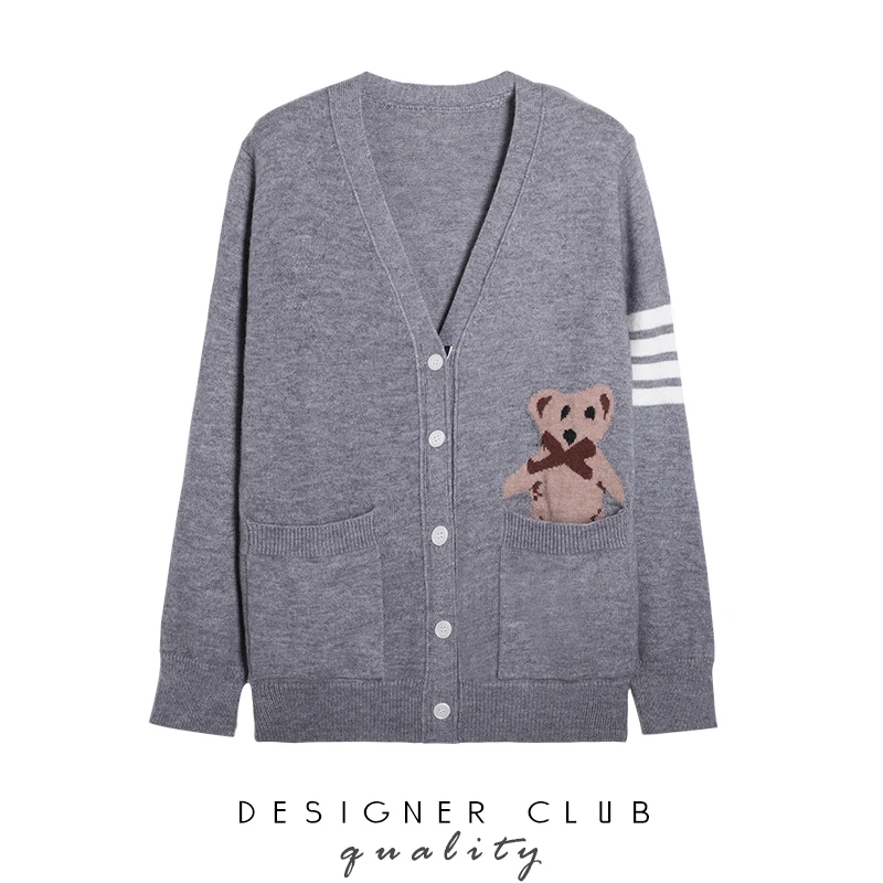 

Bear jacquard loose outer wear knitted top spring and autumn new tb college wind sweater jacket cardigan women