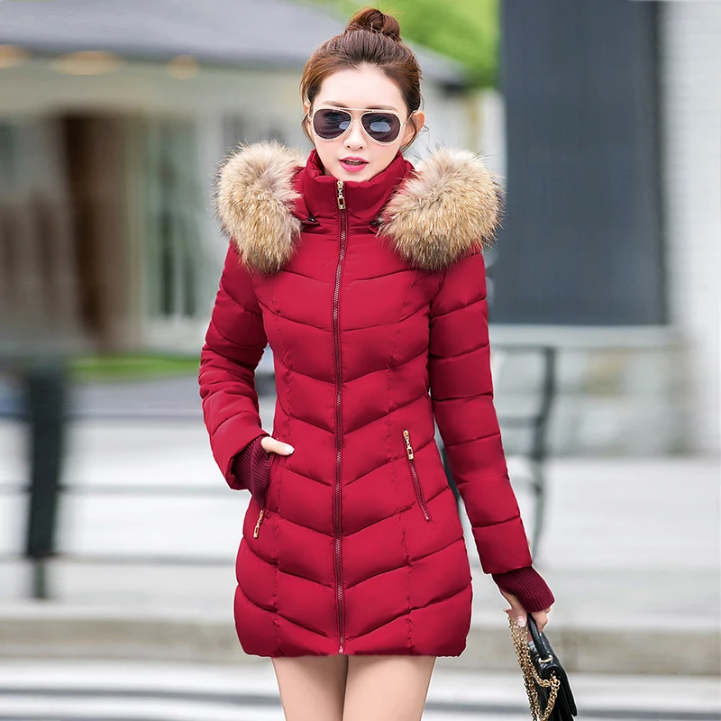 Long Slim Women Parkas Stylish Overcoat Down Jacket Female 2021 Fashion Fur Collar Warm Coat with Zipper Pockets Winter Jackets