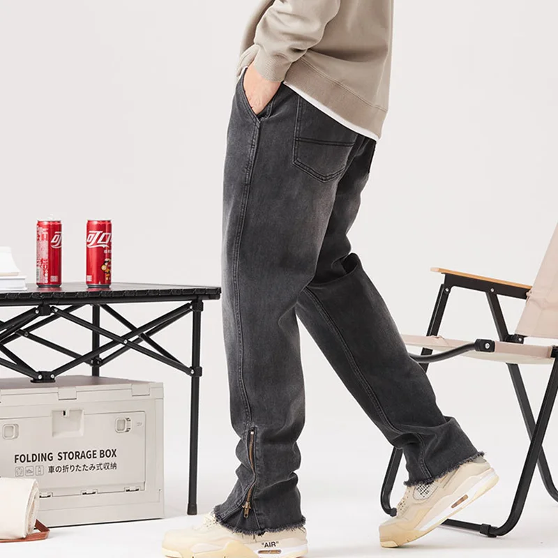 Streetwear Men 2022 Fashion  New Pattern Vintage Black Mopping The Floor Pants Zipper At Hem Denim Wide Leg Pants Autumn Female