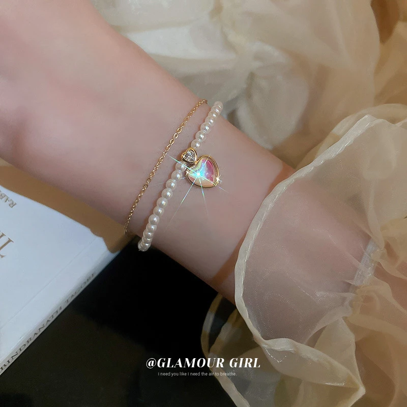 

Korean Version New Hot Selling Imitation Pearl Double Layered Bracelet Women Sweet Simple Personality Bracelet Birthday Gift