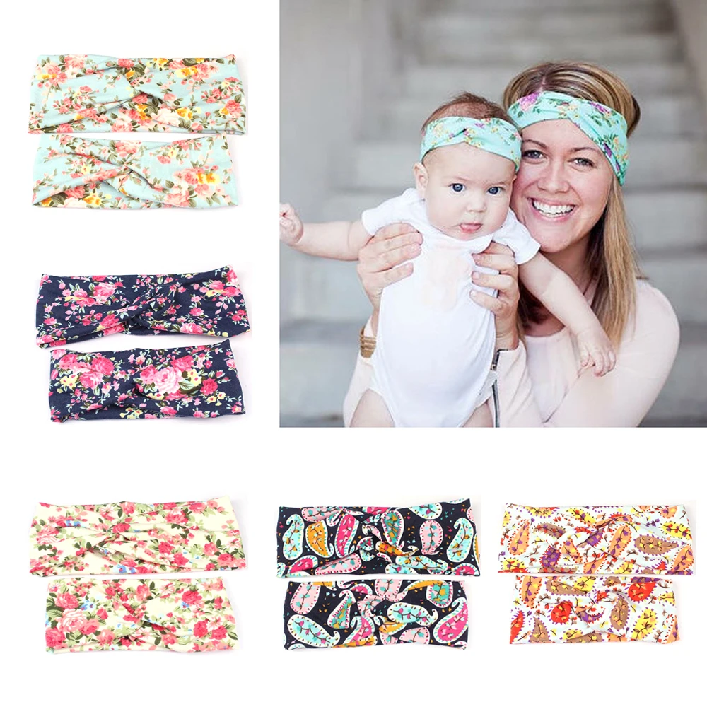 

2PCS Vintage Floral Print Mother And Baby Bohemian Retro Cross Turban Bandage Bandana Hair Bands Hair Accessories Headwrap