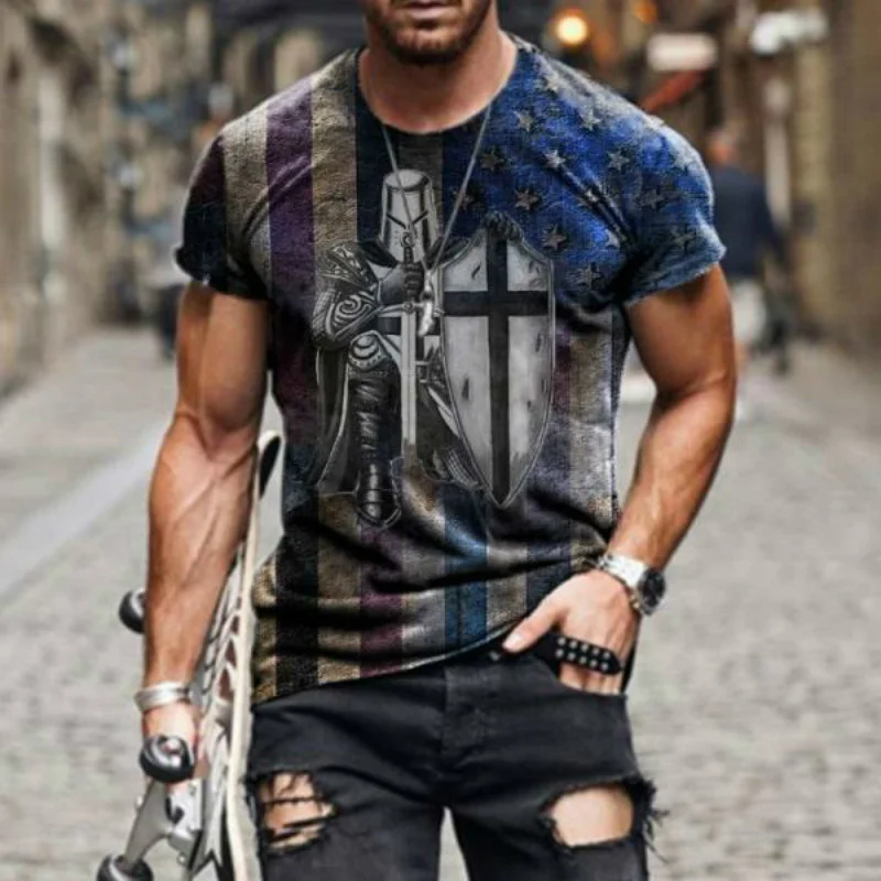 

Men Fun Brave Knight Ironclad Print-short Sleeve Custom Design Fashion Casual Round Neck T-shirt Pullover Wear Good Bre