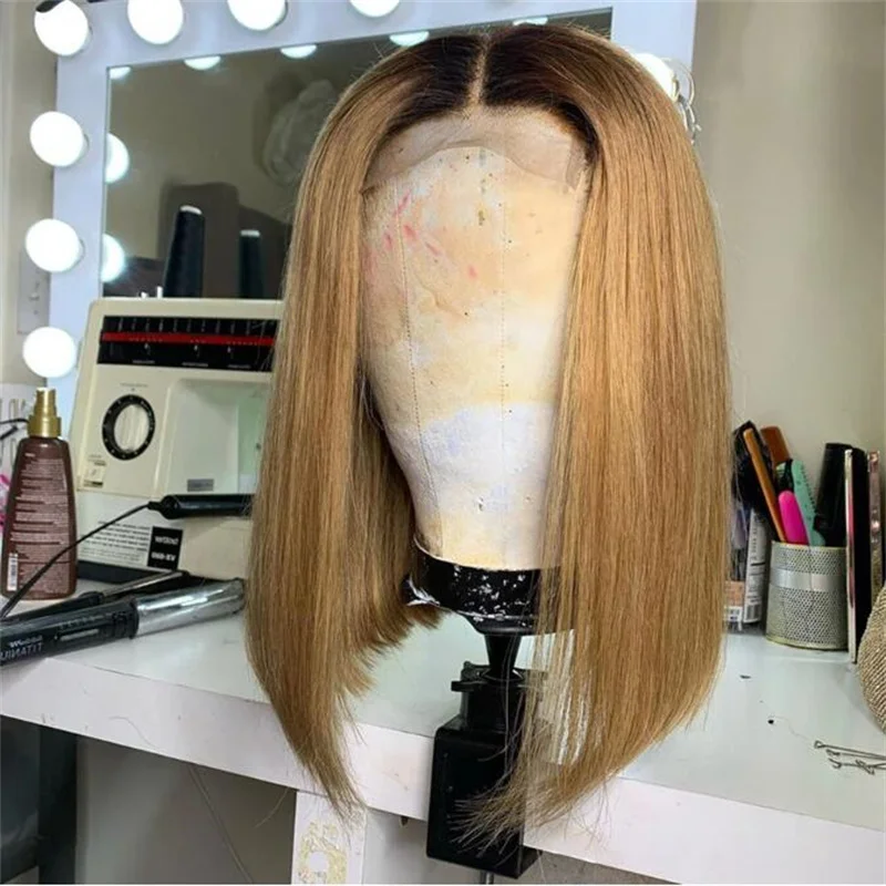 Ombre Blonde Brazilian Human Hair Wigs Short Bob Straight Wig 13x4 Lace Front Wig Pre Plucked Glueless With Baby Hair For Women