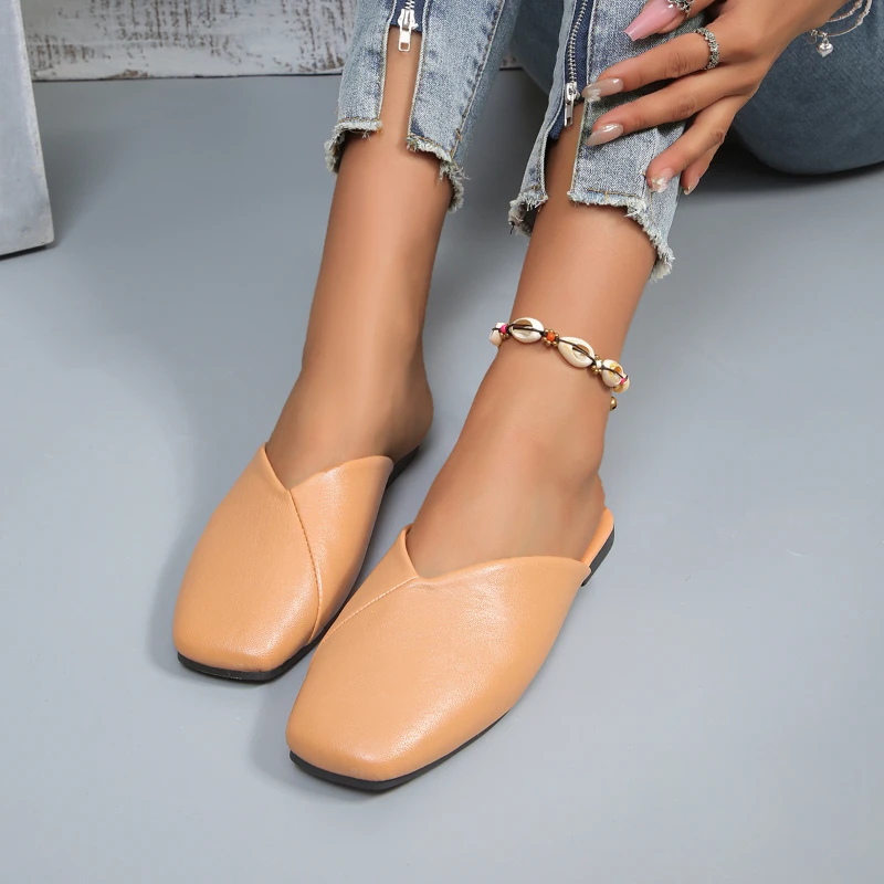 Women Summer Mules Slippers Casual Leather Low Heel Shoes Wrap Toe Slippers Roman Square Toe Beach Half Slippers Outdoor Fashion