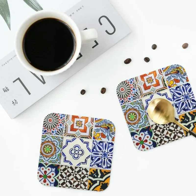 

Colorful Portuguese Tile Coasters Kitchen Placemats Non-slip Insulation Cup Coffee Mats For Decor Home Tableware Pads Set of 4