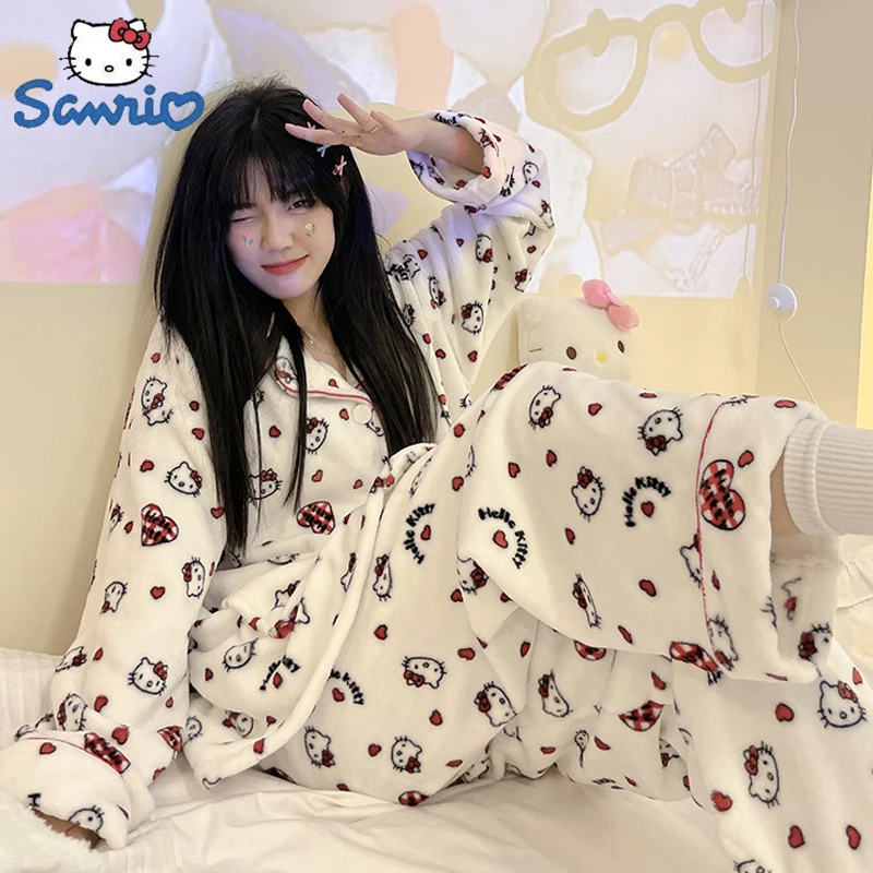 

Anime Sanrio Hello Kitty Pajama Pants Coral Pajamas Women's Cute Sleepwear Thickening Flannel Kawaii Pajamas Set Thermal Pajama