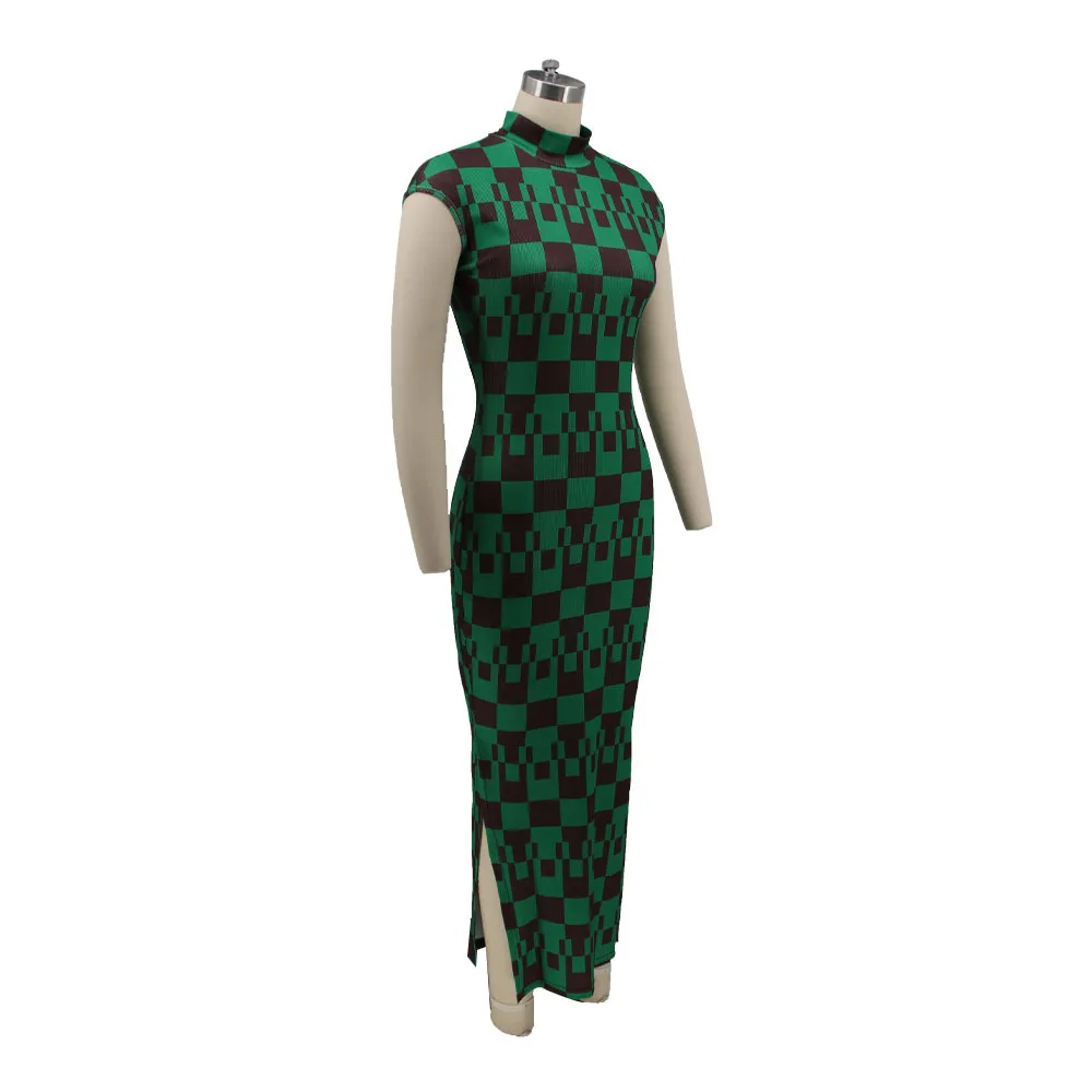 Plus Size Plaid Printed Bodycon Long Dress Sleeveless Skinny Split Party Vestidos Elegant Vintage Robes Female Clothings 2022