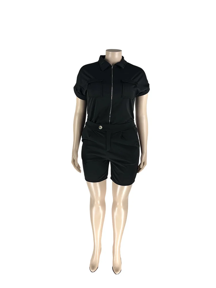 Plus Size 2 Piece Set Women Solid Zipper Tops and Shorts Pants Pockets Leggings Fashion Matching 3xl 4xl 5xl 6xl