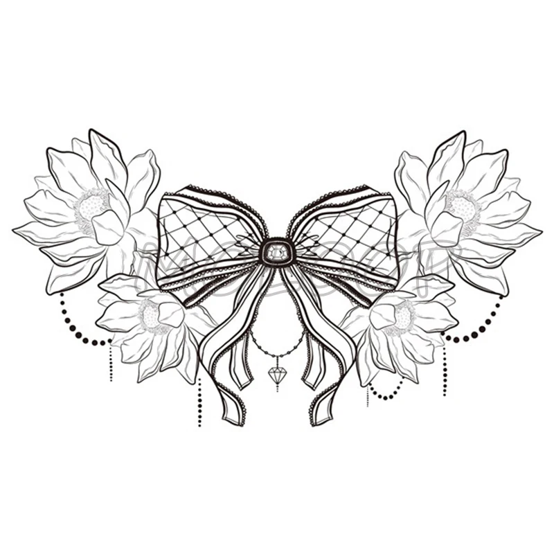 

Big Bow-knot Lotus Temporary Tattoo Stickers Diamond Necklace Chest Back Fake Tatoo Makeup Breast Art for Woman Girl