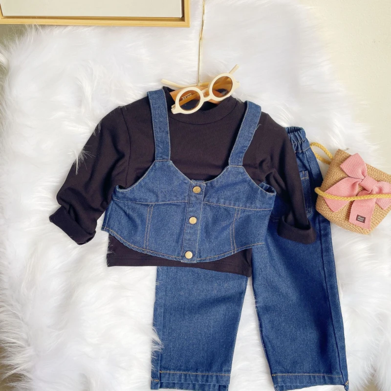 Купи Girls Jeans Clothing Set Korean Style Outfit Autumn Kids Clothes Sets T-shirts +Denim Vest+Pants 3PCS Kids Casual Clothes Suits за 1,123 рублей в магазине AliExpress