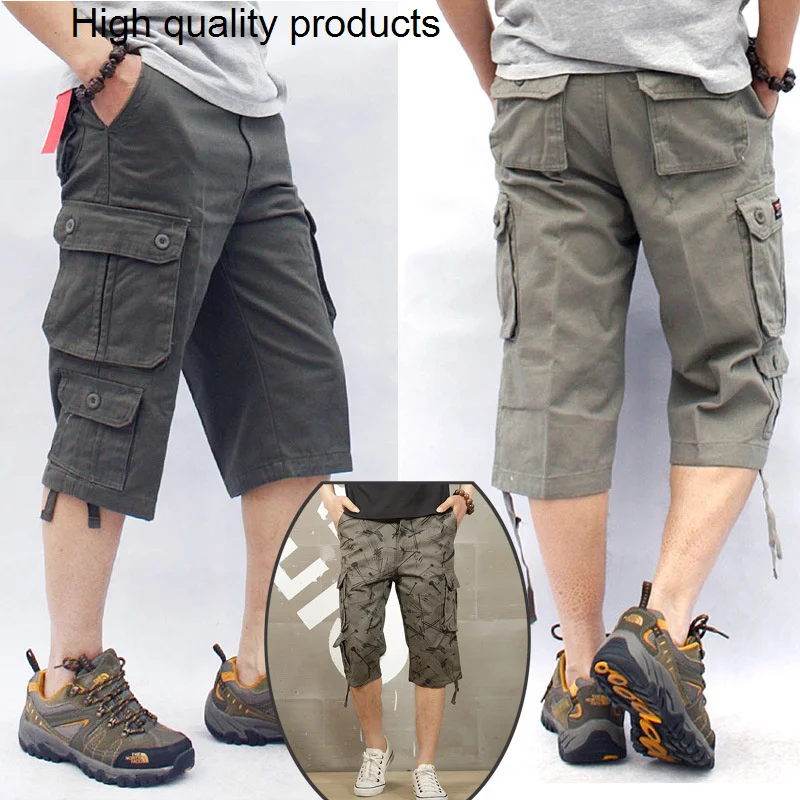 

Cotton Long Length Cargo Shorts Men Casual Summer Camouflage Cropped Trousers Multi-Pocket Hip Hop Hot Breeches Military
