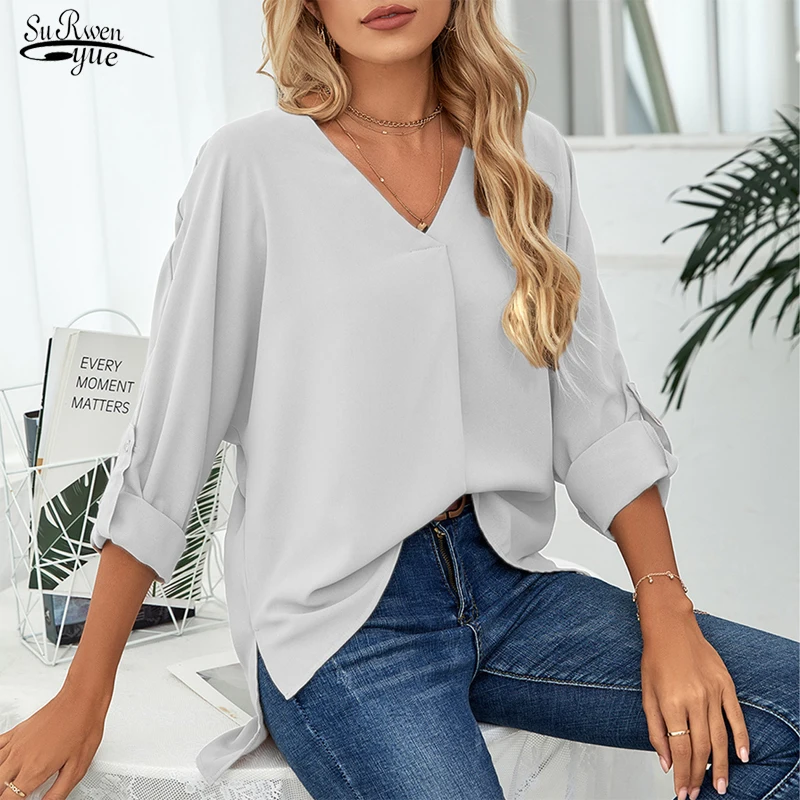 

Женская шифоновая блузка с V-образным вырезом и длинным рукавом