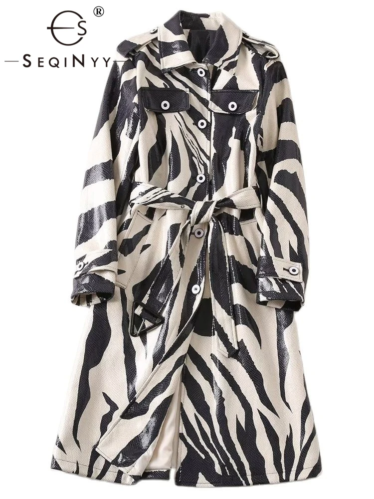 

SEQINYY Beige Trench Coat Spring Autumn New Fashion Design Women Runway High Street Zebra Stripes Print Casual Loose Belt