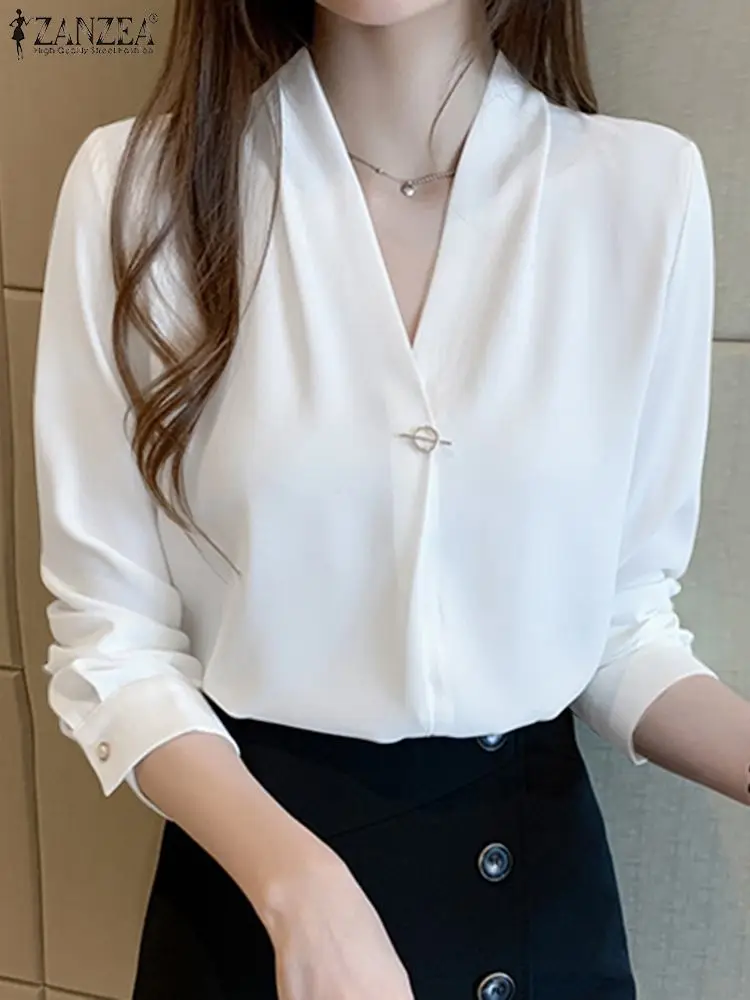 

Elegant Women Long Sleeve OL Work Blouse ZANZEA Spring Office Shirt Casual V Neck Solid Loose Tops Female Stylish Blusas Chemise
