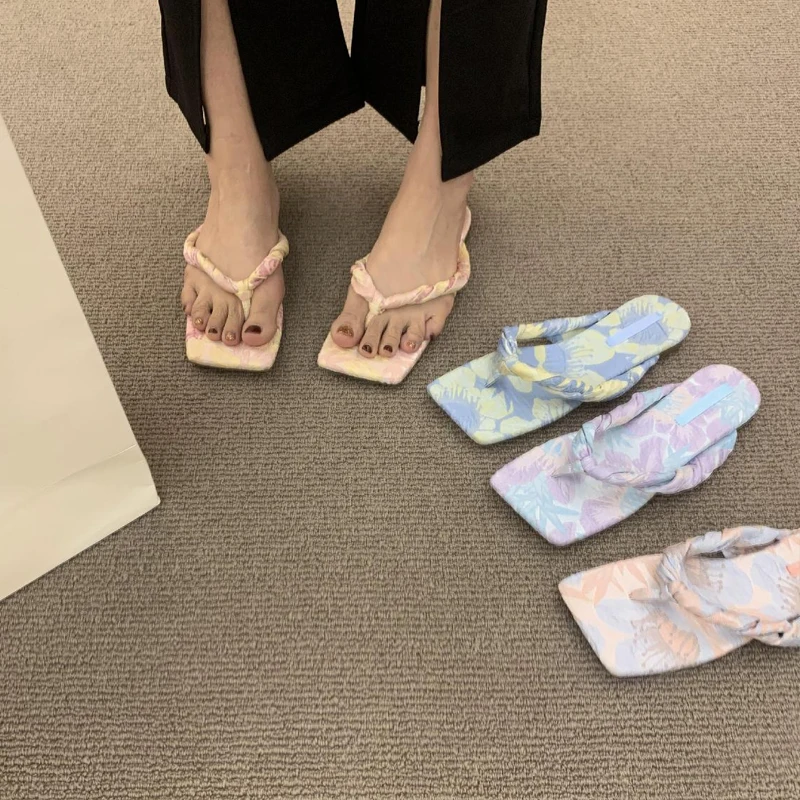 Romantic Floral Print Chiffon Slipper Woman Summer New Luxury Outdoor Flip Flops Ladies Elegant Flower Bowknot Flat Slide Sandal