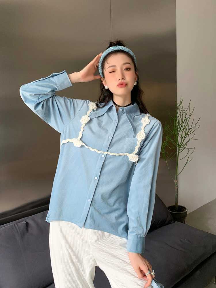 

Vintage Elegant Long Sleeve Blue Shirt Women Tops with Lace Casual Loose French Style Lady Blouse Blusas Mujer 2022 Spring Fall