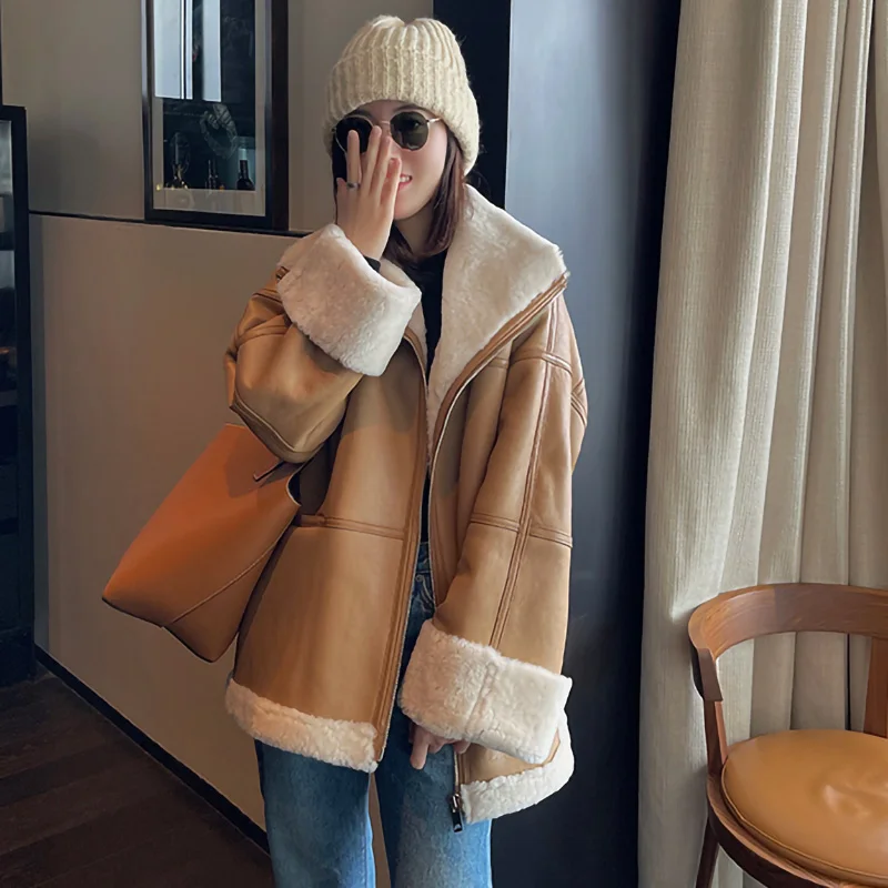 Women Leather Jackets 2022 New Shearing Genuine Sheepskin Leather Coats Solid Simple Fur Lining Winter Warm Overcoat MH5046LB