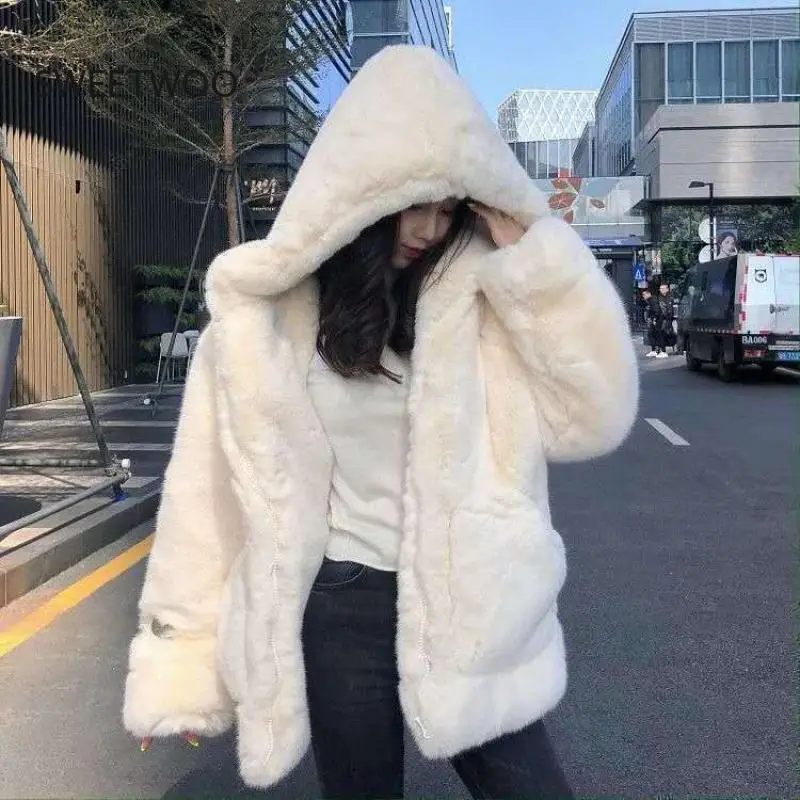 2022 New Winter Faux Fur Coat Women High Quality Korean Loose Casual Coat Fashion  Thick Warm Hooded Jacket for Female