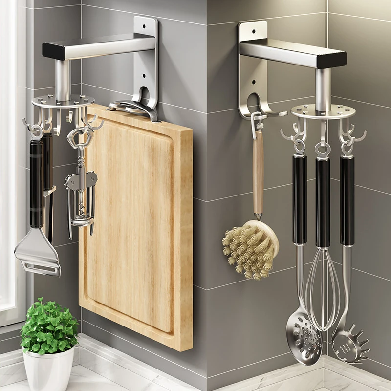 

Kitchen Storage Rack Multi-Purpose Hooks No-drill Wall Mount Spoon Hanger 360 Degrees Rotatable Hanging Rack Organizer