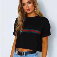womens black full polyester cotton round neck sexy exposed navel red and green stripes fashion short sleeve t shirt