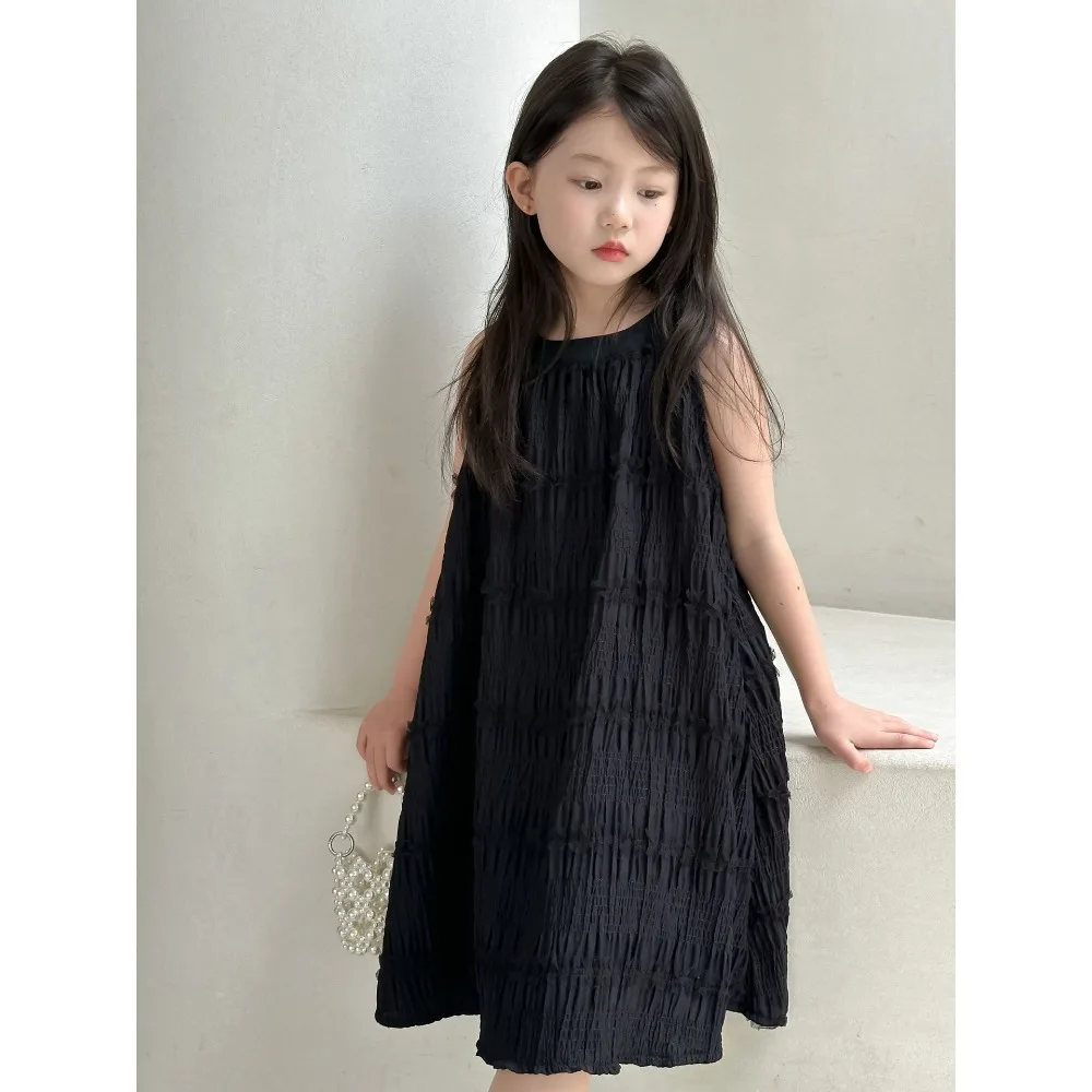 Платье для девочек корейский стиль Новинка лета 2024 однотонный черный топ с