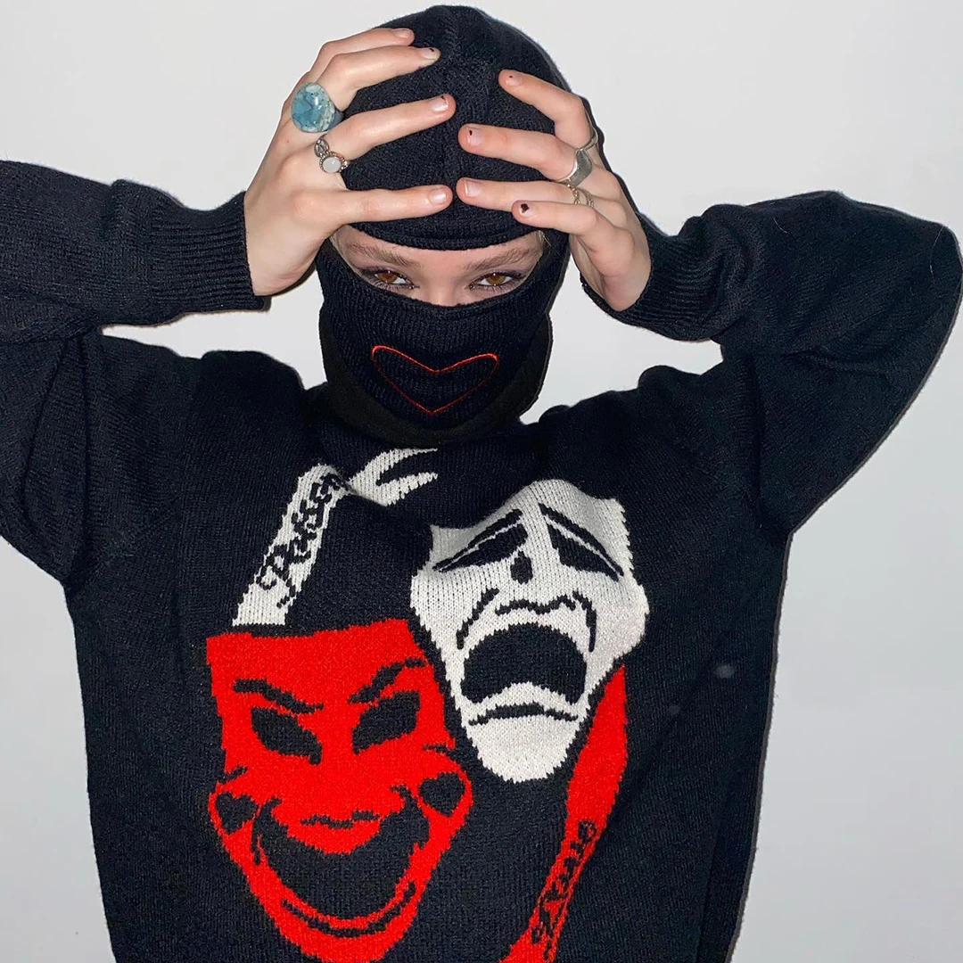 Одежда унисекс с рисунком демона Свитера на осень и зиму винтажный пуловер