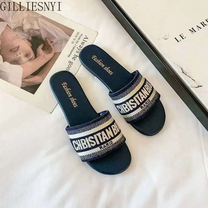 

Сандалии женские с буквенным принтом, модная однотонная обувь на плоской подошве, повседневная верхняя одежда, тапочки с надписью, лето 2022