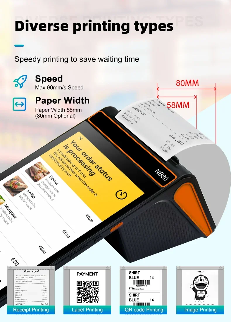 Android 12 80 мм термотелефон Мобильный Pos-терминал 8-дюймовый планшет Wi-Fi 4G Bluetooth