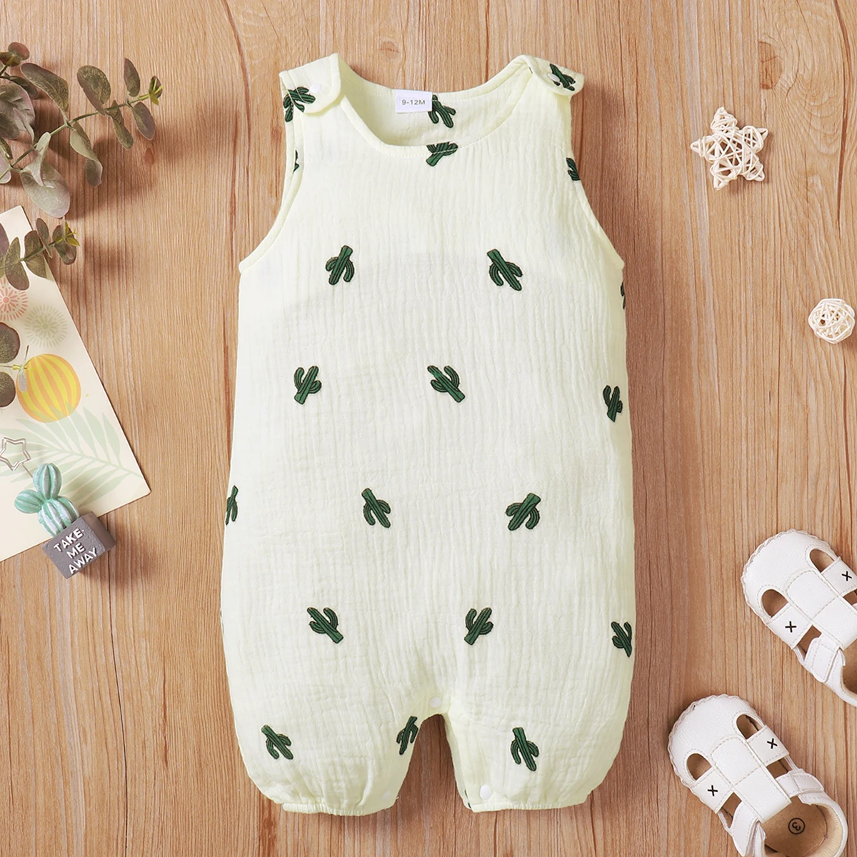 

PatPat 100% Cotton Crepe Baby Girl All Over Cactus Print Sleeveless Romper