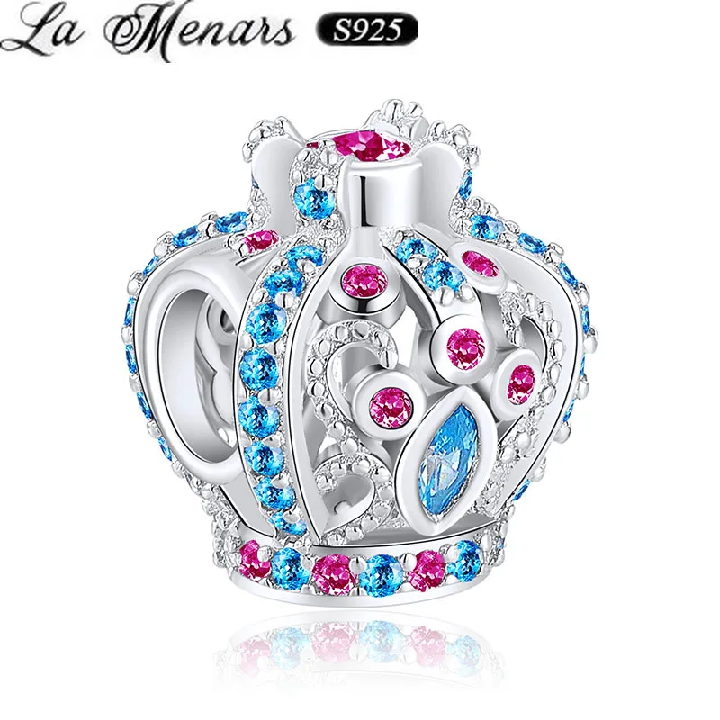 

La Menars Fashion CZ Crystal Crown Charm 925 Sterling Silver Queen's Pink Blue Beads Women Bracelets Bangle DIY