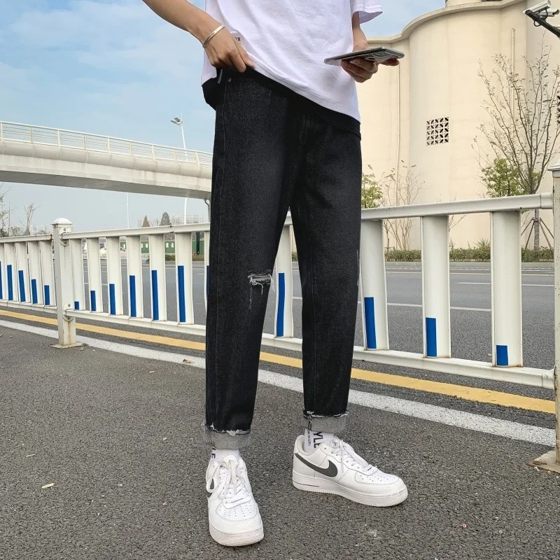 Summer Blue/Black Ripped Jeans Men Slim Fashion Casual Straight Jeans Mens Streetwear Hip Hop Hole Denim Pants Mens Trousers