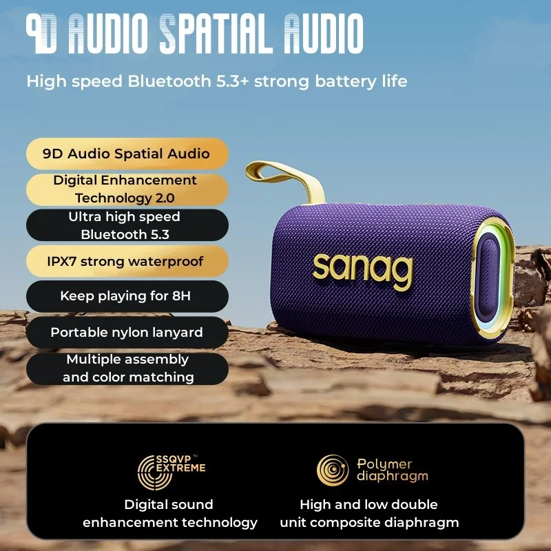 

Беспроводная Bluetooth-Колонка Sanag M30S PRO, портативный динамик с звуковым эффектом 9D, с нейлоновым ремешком, водонепроницаемость IPX7, для путешествий и дома