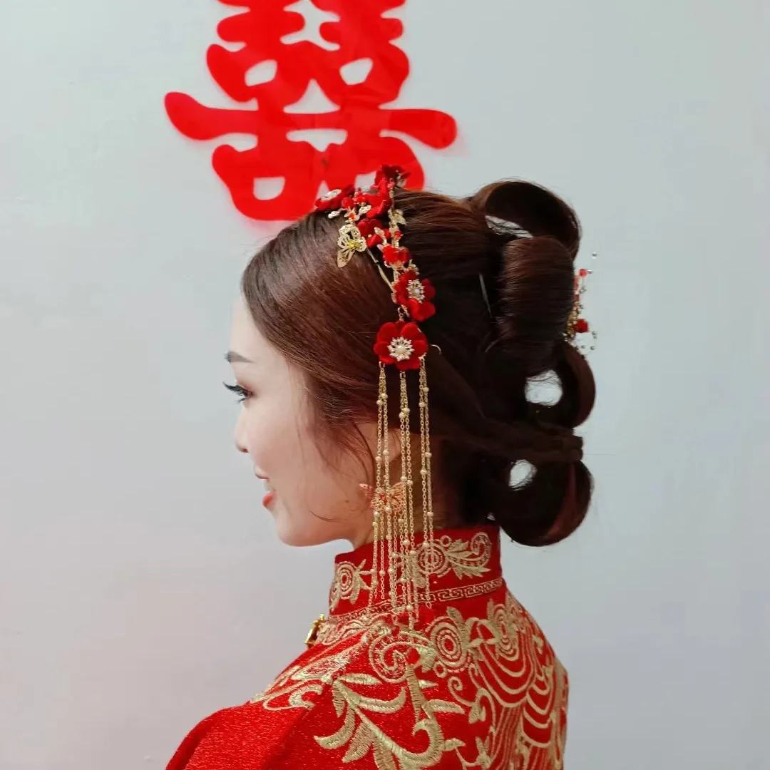 Китайский красный цветок длинная повязка на голову с кисточками комплект серег