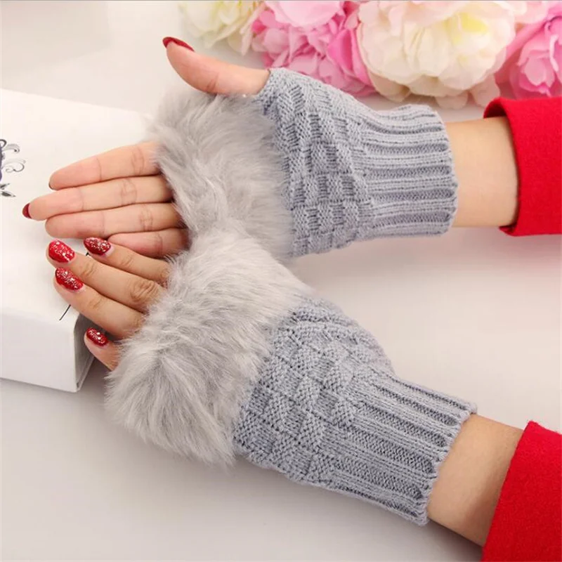 Женские вязаные перчатки из искусственного кроличьего меха | Аксессуары для