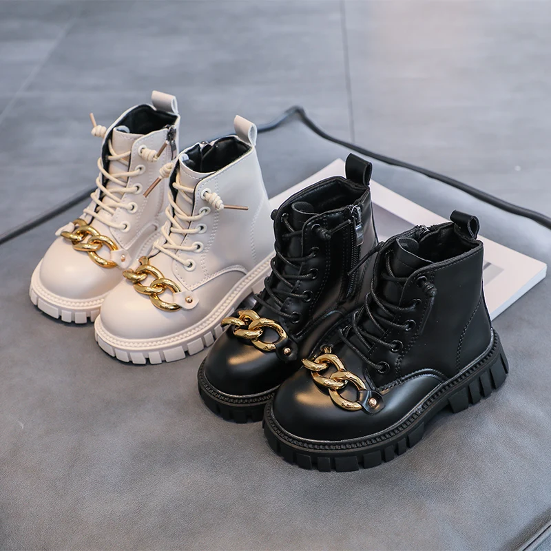 

2021 Autumn New Korean Solid Metal Decoration Tide Boots for Kids Fashion Winter Boots for Girl Children Low Heels Short Boots