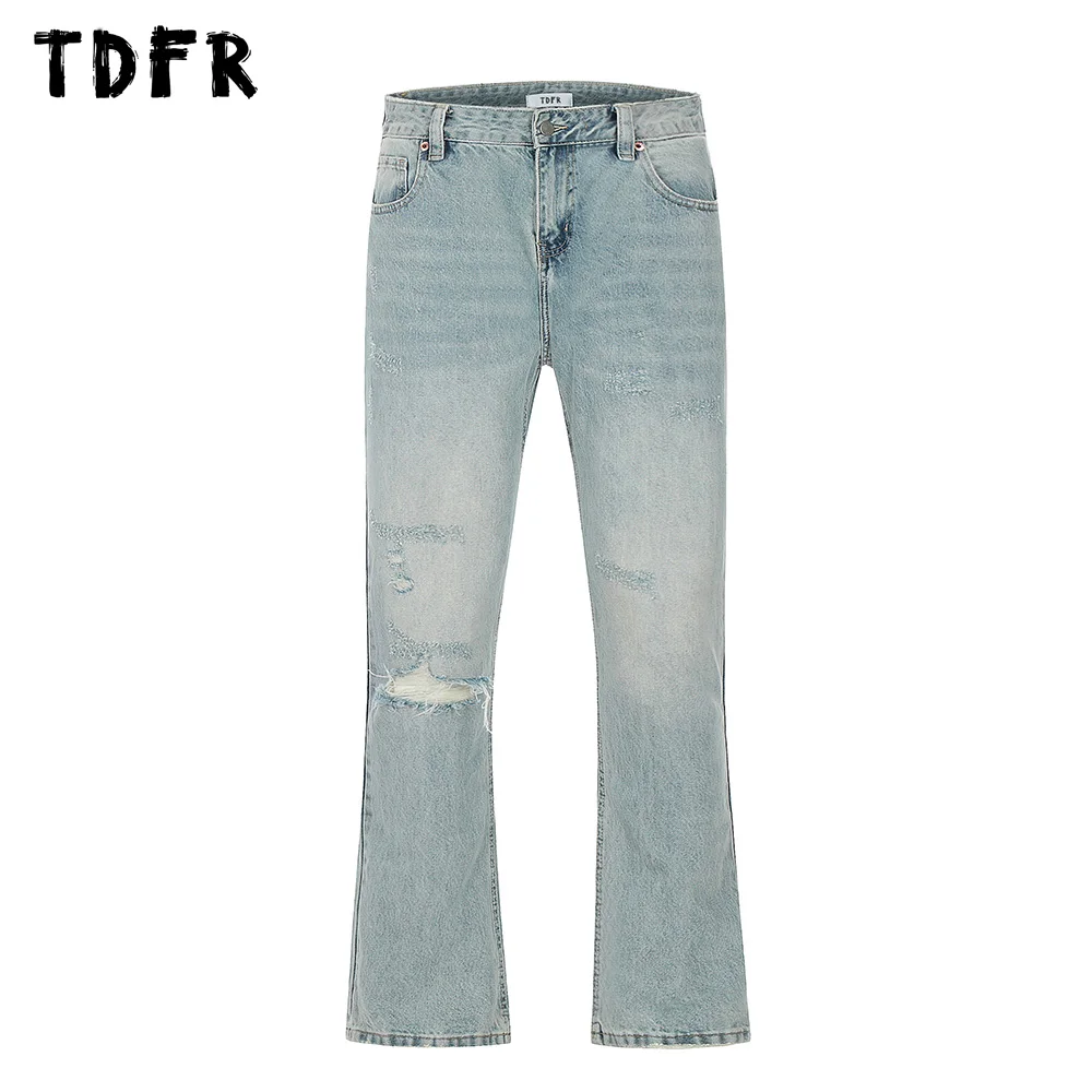 

Ripped Washed Distressed Jeans Mens Retro Casual Streetwear Flared Pants Men Raw edge Trousers